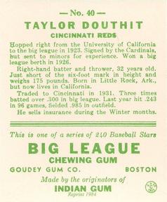 1983 Galasso 1933 Goudey Reprint #40 Taylor Douthit Back