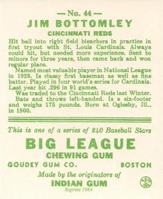 1983 Galasso 1933 Goudey Reprint #44 Jim Bottomley Back