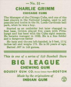1983 Galasso 1933 Goudey Reprint #51 Charlie Grimm Back