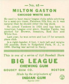 1983 Galasso 1933 Goudey Reprint #65 Milton Gaston Back