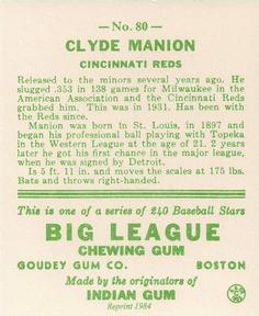1983 Galasso 1933 Goudey Reprint #80 Clyde Manion Back