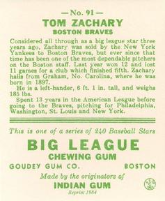 1983 Galasso 1933 Goudey Reprint #91 Tom Zachary Back