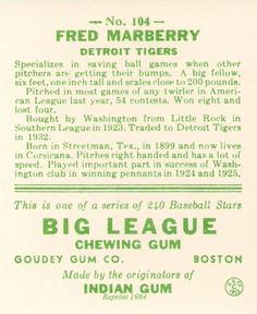 1983 Galasso 1933 Goudey Reprint #104 Fred Marberry Back