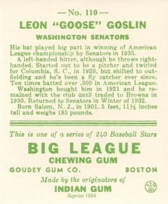 1983 Galasso 1933 Goudey Reprint #110 Goose Goslin Back