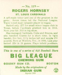 1983 Galasso 1933 Goudey Reprint #119 Rogers Hornsby Back