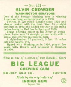 1983 Galasso 1933 Goudey Reprint #122 Alvin Crowder Back