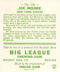 1983 Galasso 1933 Goudey Reprint #126 Joe Moore Back