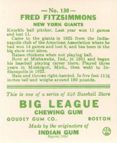1983 Galasso 1933 Goudey Reprint #130 Freddie Fitzsimmons Back