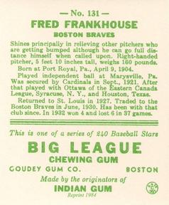 1983 Galasso 1933 Goudey Reprint #131 Fred Frankhouse Back