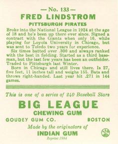 1983 Galasso 1933 Goudey Reprint #133 Fred Lindstrom Back