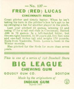 1983 Galasso 1933 Goudey Reprint #137 Red Lucas Back