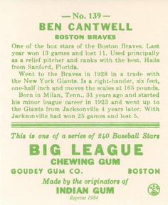 1983 Galasso 1933 Goudey Reprint #139 Ben Cantwell Back