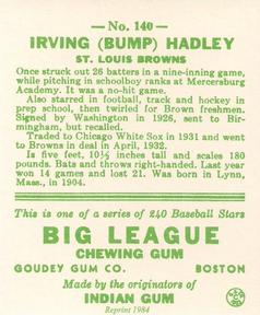 1983 Galasso 1933 Goudey Reprint #140 Bump Hadley Back