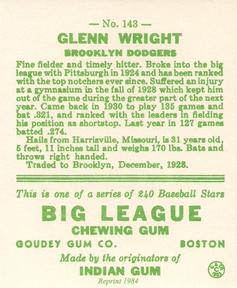 1983 Galasso 1933 Goudey Reprint #143 Glenn Wright Back