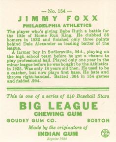 1983 Galasso 1933 Goudey Reprint #154 Jimmie Foxx Back