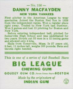 1983 Galasso 1933 Goudey Reprint #156 Danny MacFayden Back