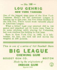 1983 Galasso 1933 Goudey Reprint #160 Lou Gehrig Back