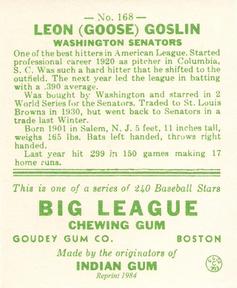 1983 Galasso 1933 Goudey Reprint #168 Goose Goslin Back