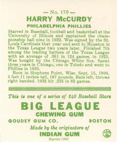 1983 Galasso 1933 Goudey Reprint #170 Harry McCurdy Back