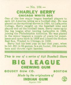 1983 Galasso 1933 Goudey Reprint #184 Charlie Berry Back