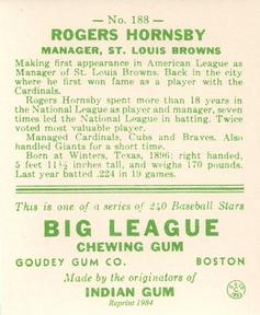 1983 Galasso 1933 Goudey Reprint #188 Rogers Hornsby Back