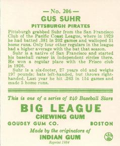 1983 Galasso 1933 Goudey Reprint #206 Gus Suhr Back