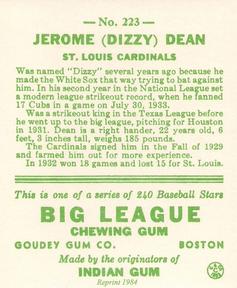 1983 Galasso 1933 Goudey Reprint #223 Dizzy Dean Back