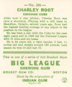 1983 Galasso 1933 Goudey Reprint #226 Charley Root Back