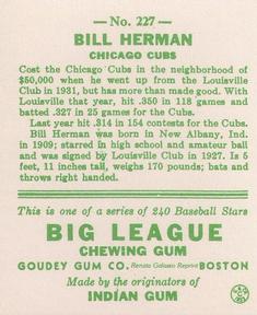 1983 Galasso 1933 Goudey Reprint #227 Billy Herman Back