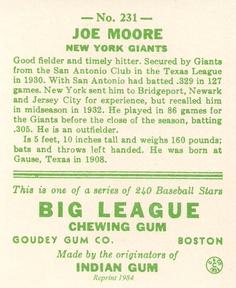 1983 Galasso 1933 Goudey Reprint #231 Joe Moore Back
