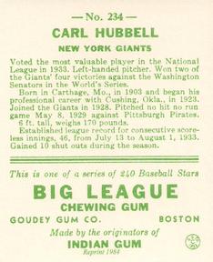 1983 Galasso 1933 Goudey Reprint #234 Carl Hubbell Back