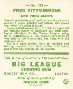 1983 Galasso 1933 Goudey Reprint #235 Freddie Fitzsimmons Back
