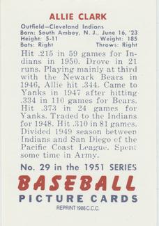 1986 Card Collectors 1951 Bowman (Reprint) #29 Allie Clark Back
