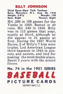 1986 Card Collectors 1951 Bowman (Reprint) #74 Billy Johnson Back