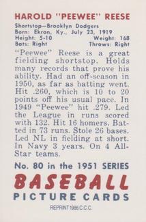 1986 Card Collectors 1951 Bowman (Reprint) #80 Pee Wee Reese Back