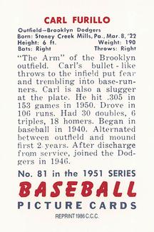 1986 Card Collectors 1951 Bowman (Reprint) #81 Carl Furillo Back