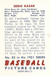 1986 Card Collectors 1951 Bowman (Reprint) #85 Eddie Kazak Back