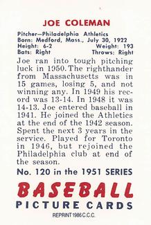 1986 Card Collectors 1951 Bowman (Reprint) #120 Joe Coleman Back