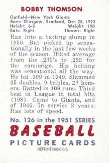 1986 Card Collectors 1951 Bowman (Reprint) #126 Bobby Thomson Back