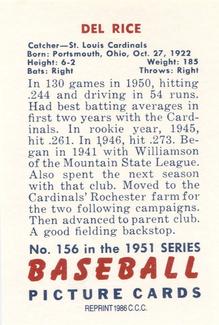 1986 Card Collectors 1951 Bowman (Reprint) #156 Del Rice Back
