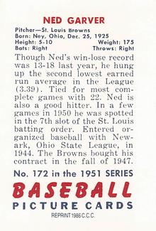 1986 Card Collectors 1951 Bowman (Reprint) #172 Ned Garver Back