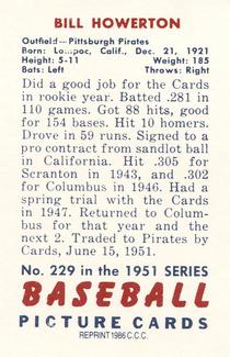 1986 Card Collectors 1951 Bowman (Reprint) #229 Bill Howerton Back
