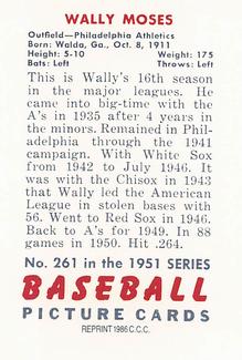 1986 Card Collectors 1951 Bowman (Reprint) #261 Wally Moses Back