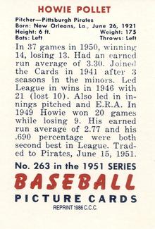 1986 Card Collectors 1951 Bowman (Reprint) #263 Howie Pollet Back