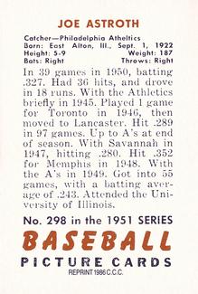 1986 Card Collectors 1951 Bowman (Reprint) #298 Joe Astroth Back