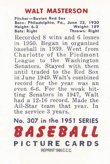1986 Card Collectors 1951 Bowman (Reprint) #307 Walt Masterson Back
