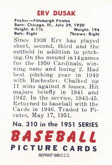 1986 Card Collectors 1951 Bowman (Reprint) #310 Erv Dusak Back