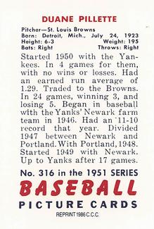1986 Card Collectors 1951 Bowman (Reprint) #316 Duane Pillette Back