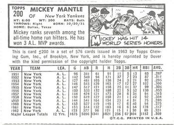 1978 Dover Publications Hall of Fame Cards Reprints #200 Mickey Mantle Back