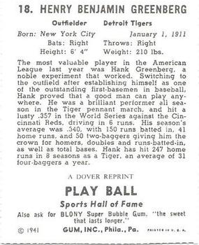 1978 Dover Publications Hall of Fame Cards Reprints #18 Hank Greenberg Back